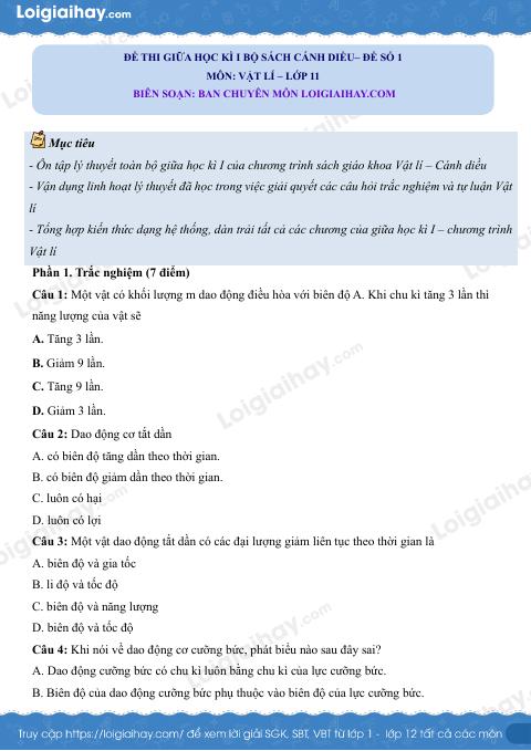 Đề thi giữa học kì 1 Vật lí 11 Cánh diều - Đề số 01